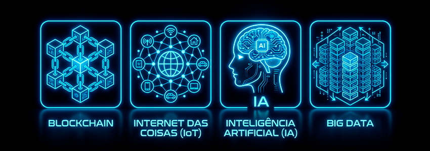 Imagem ilustrativa de 4 tecnologias que fazem parte da revolução digital: IoT, Blockchain, Inteligência Artificial e Big Data