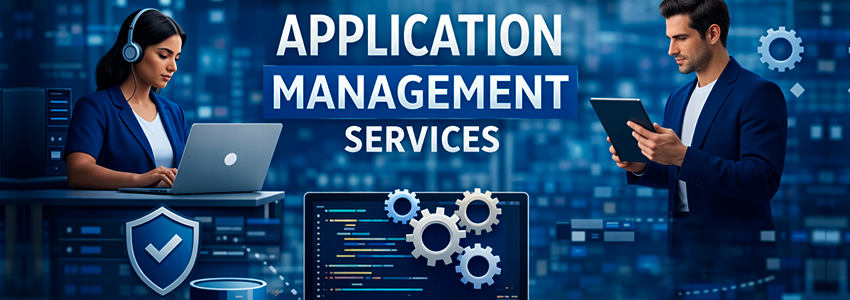 Imagem sobre Application Management Services (AMS) mostrando profissionais de TI operando sistemas, códigos de programação e ícones de engrenagens e segurança digital.